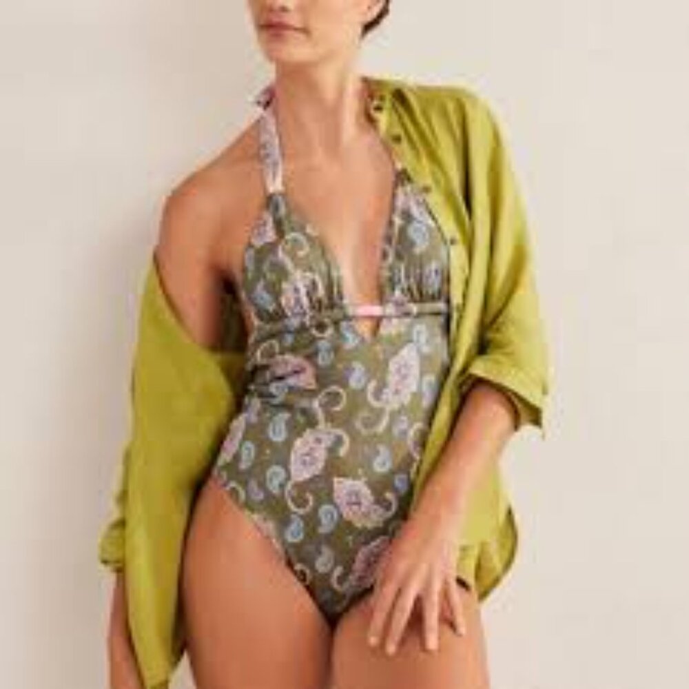 Boden British syle pink green beaded paisley one piece swimsuit size 10